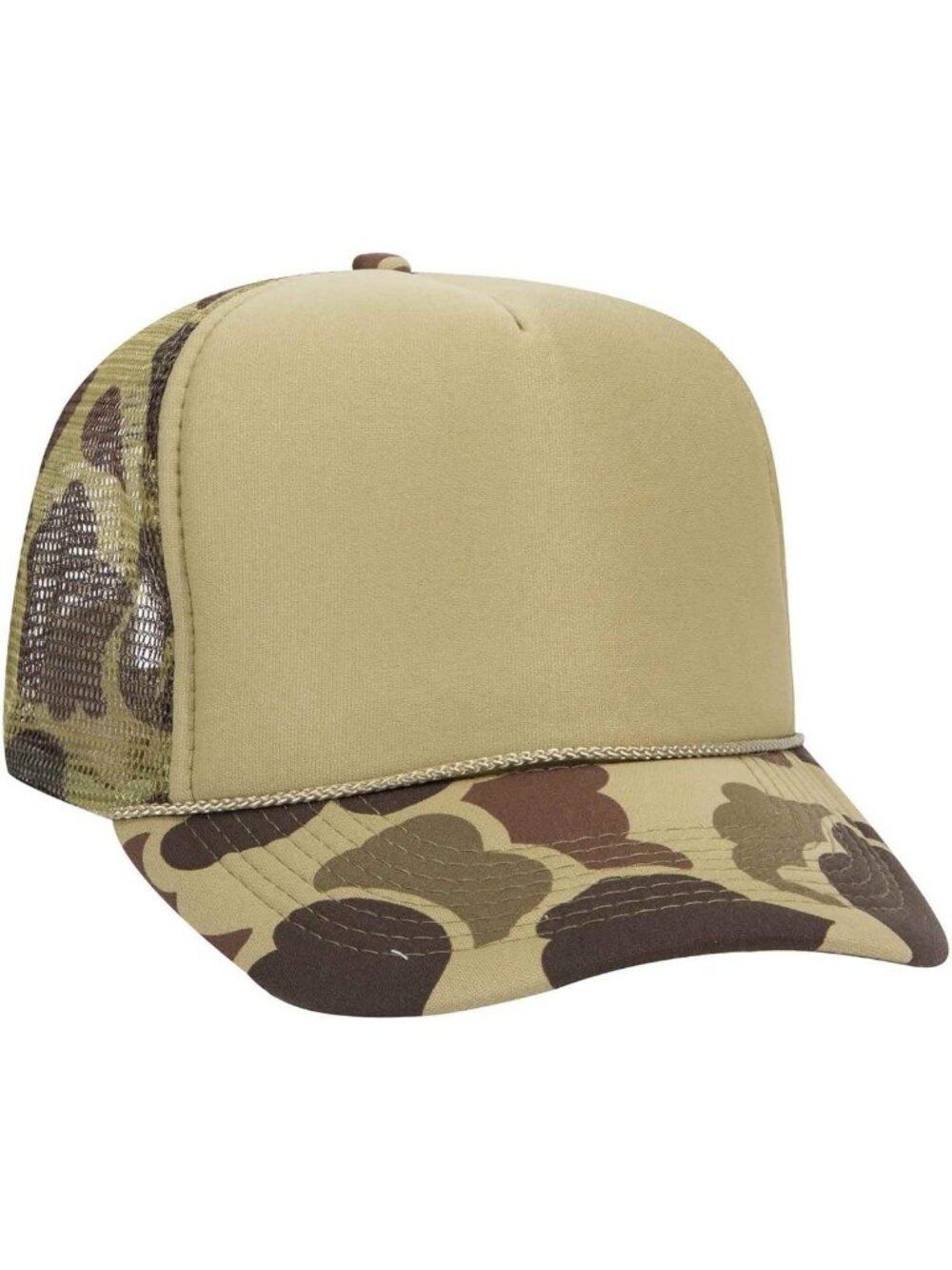 Camouflage 5 Panel Trucker Hat - High Crown, Mesh Back, Adjustable Fit, OSFM